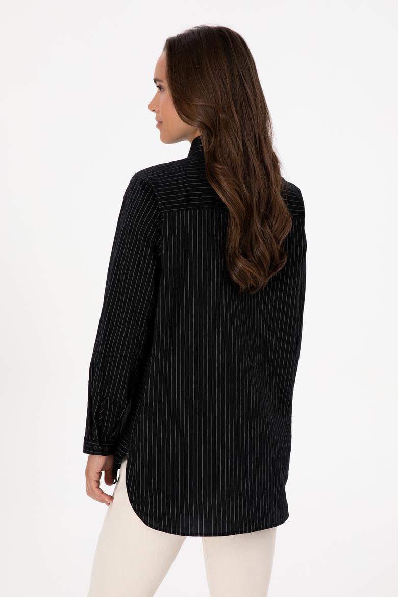 Kadın Siyah Uzun Kollu Çizgili Gömlek - 50316387013