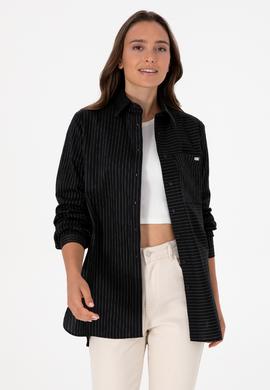 Kadın Siyah Uzun Kollu Çizgili Gömlek - 50316387013