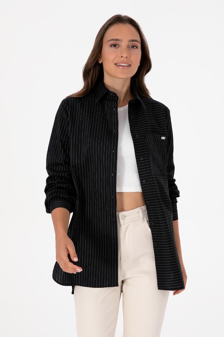 Kadın Siyah Uzun Kollu Çizgili Gömlek - 50316387013