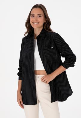 Kadın Siyah Uzun Kollu Çizgili Gömlek - 50316387013