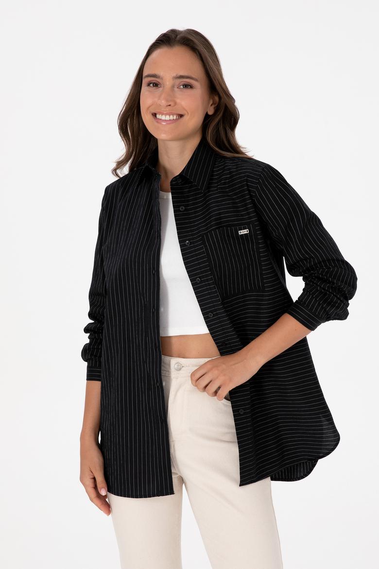 Kadın Siyah Uzun Kollu Çizgili Gömlek