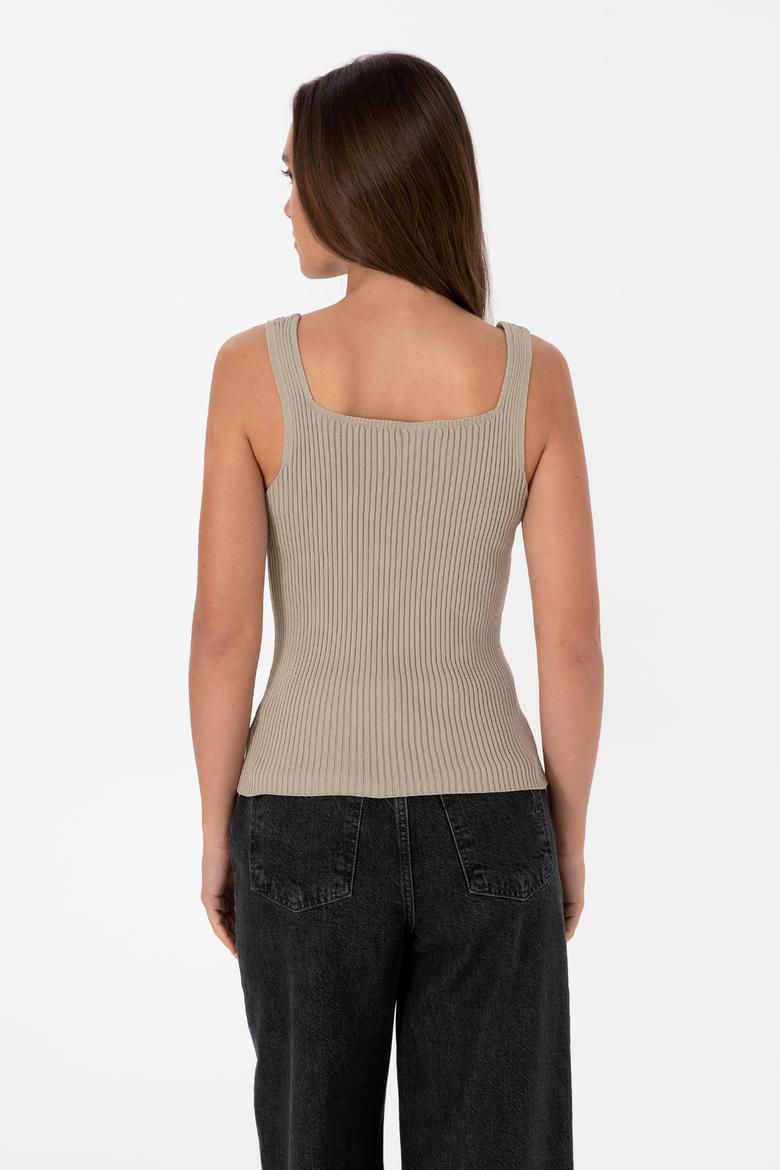 Kadın Açık Haki Kare Yaka Kazak - 50314626005