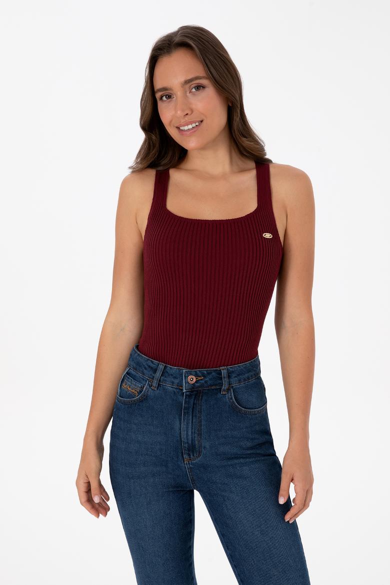 Kadın Bordo Kare Yaka Kazak