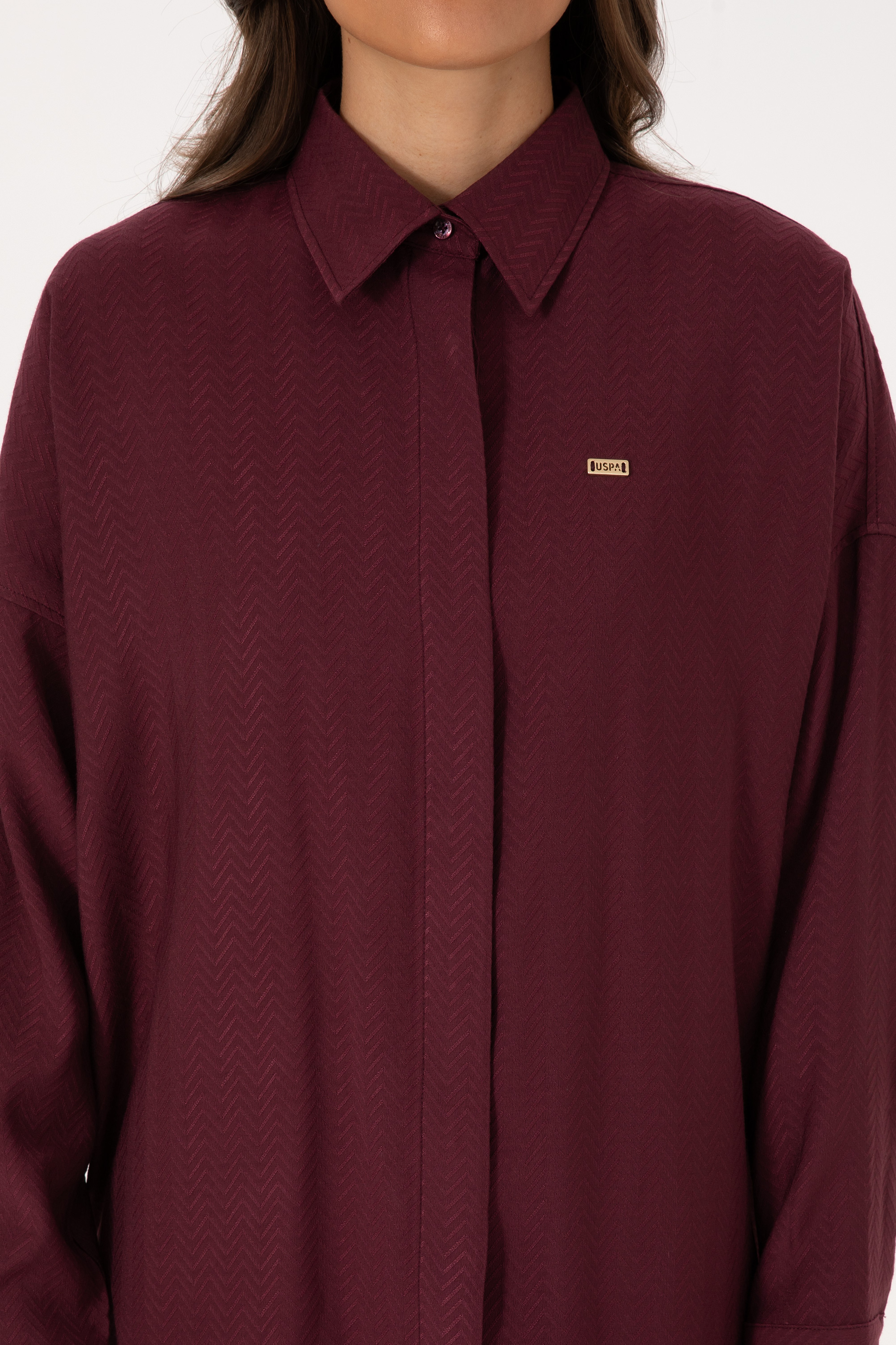 Kadın Bordo Uzun Kollu Oversize Desenli Gömlek - Image 6
