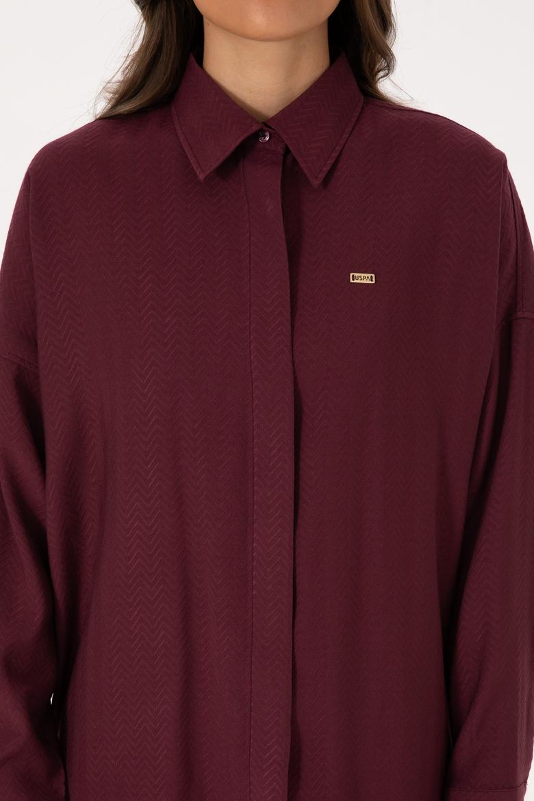 Kadın Bordo Uzun Kollu Oversize Desenli Gömlek - 50316422019
