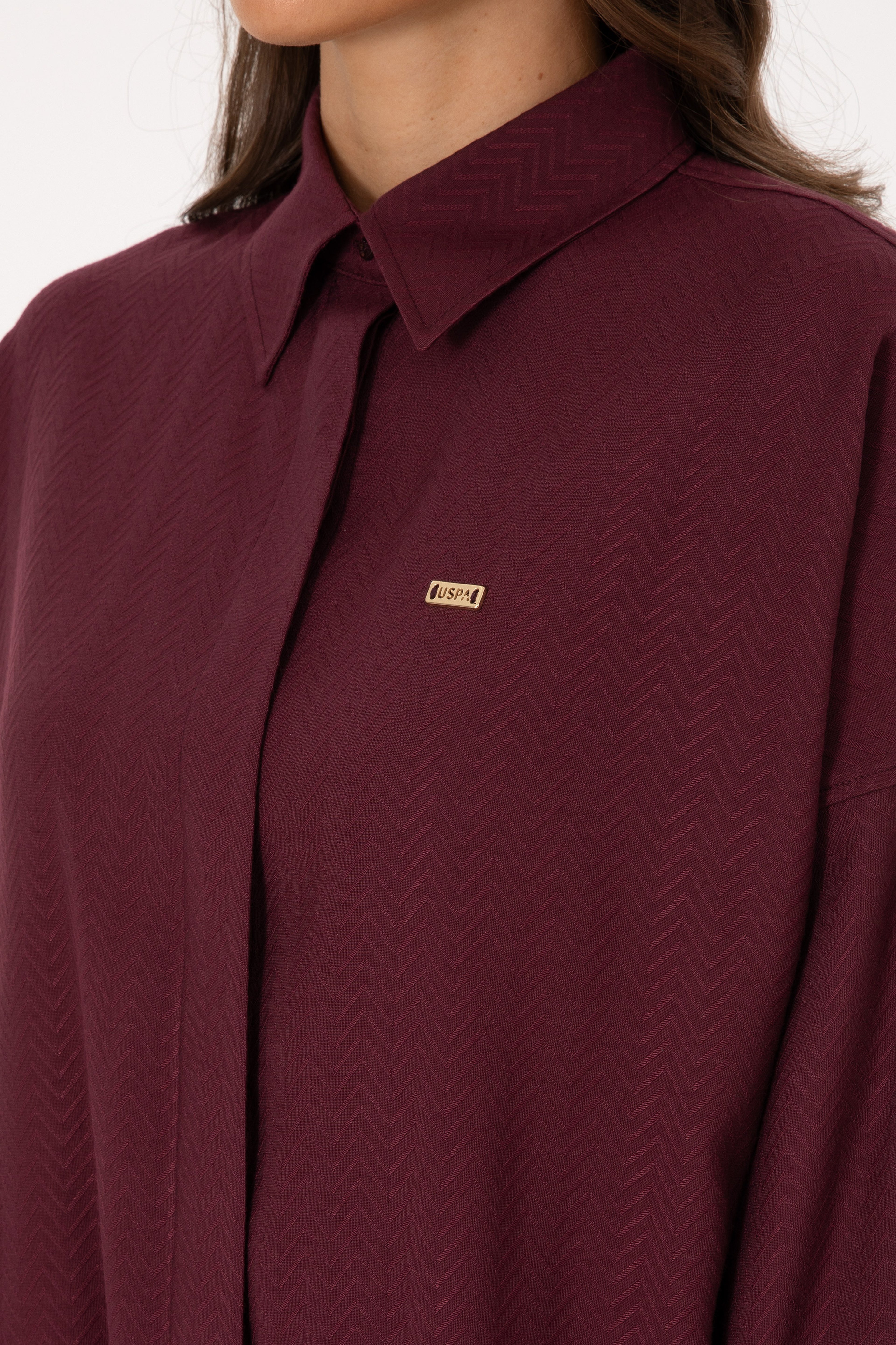 Kadın Bordo Uzun Kollu Oversize Desenli Gömlek - Image 7