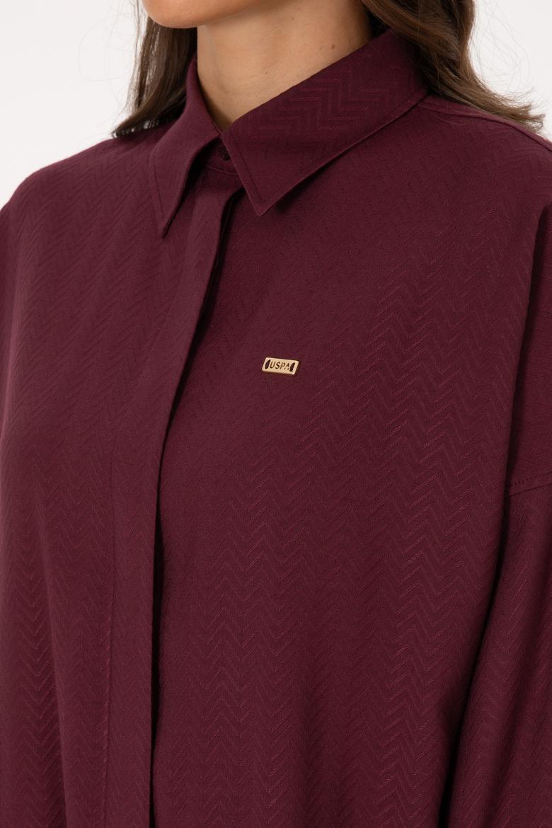 Kadın Bordo Uzun Kollu Oversize Desenli Gömlek - 50316422019
