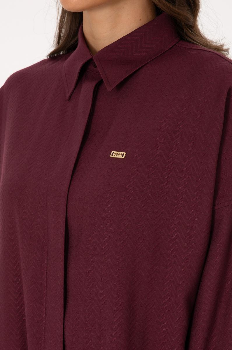 Kadın Bordo Uzun Kollu Oversize Desenli Gömlek