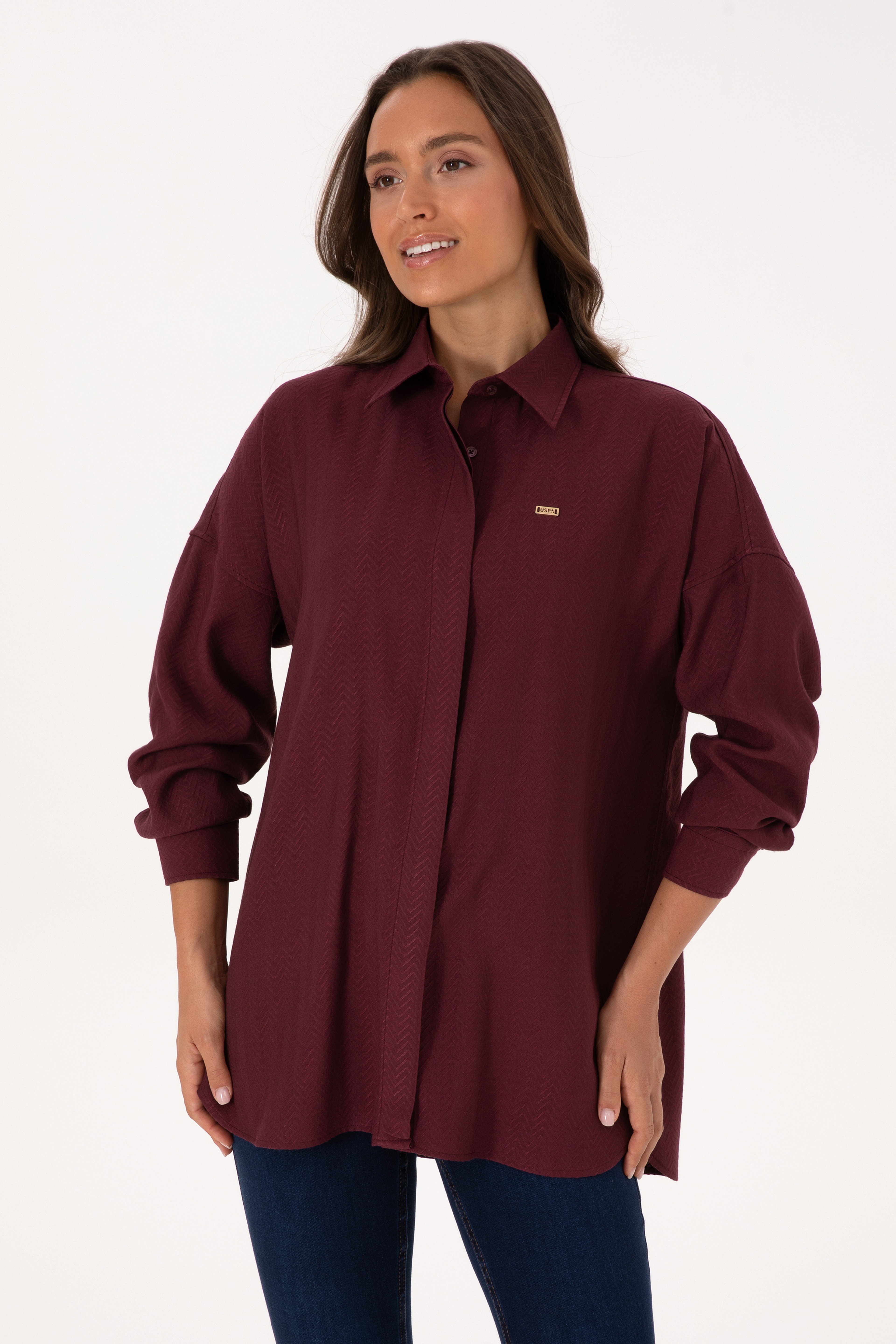 Kadın Bordo Uzun Kollu Oversize Desenli Gömlek