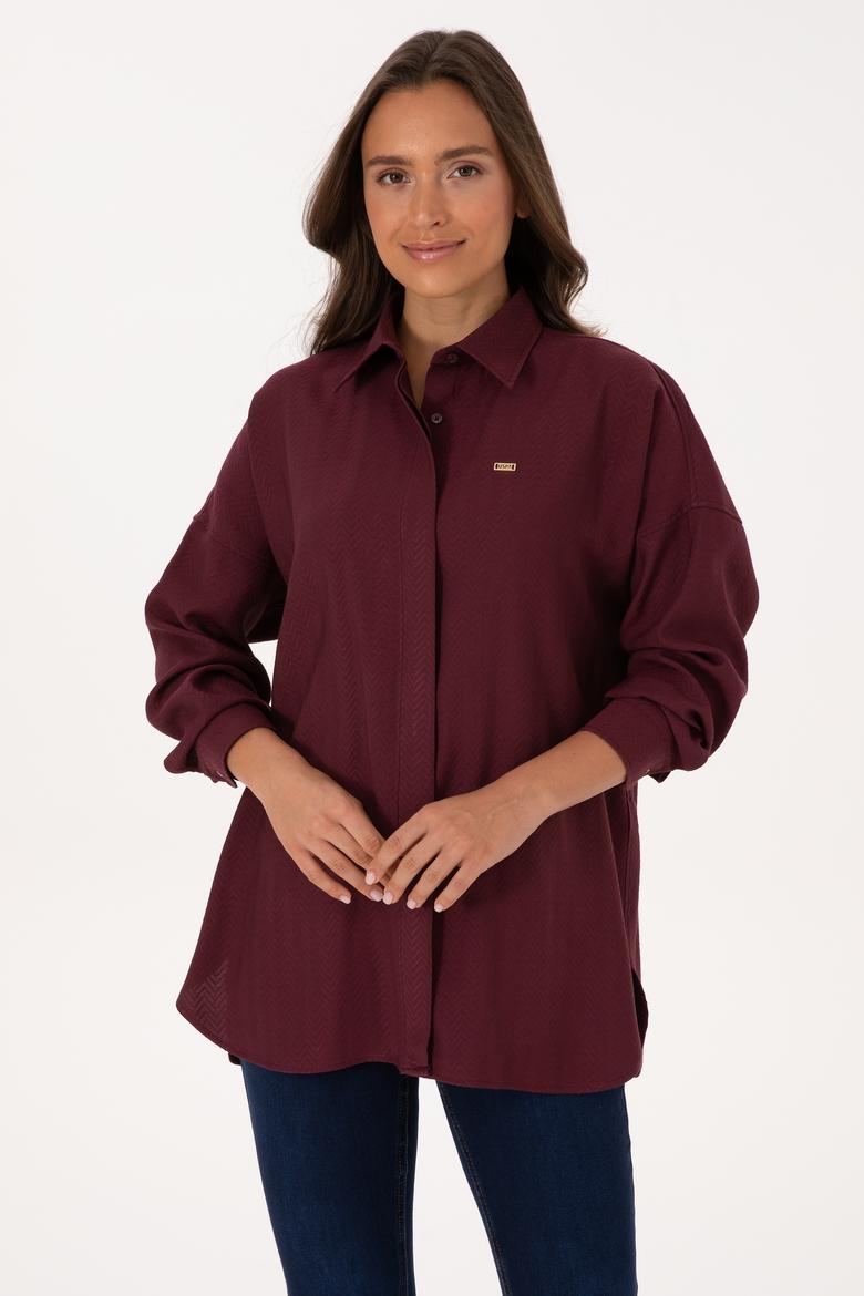 Kadın Bordo Uzun Kollu Oversize Desenli Gömlek
