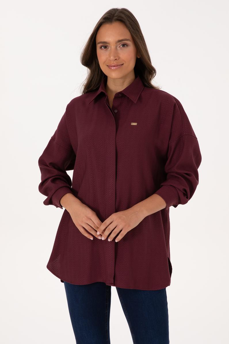 Kadın Bordo Uzun Kollu Oversize Desenli Gömlek