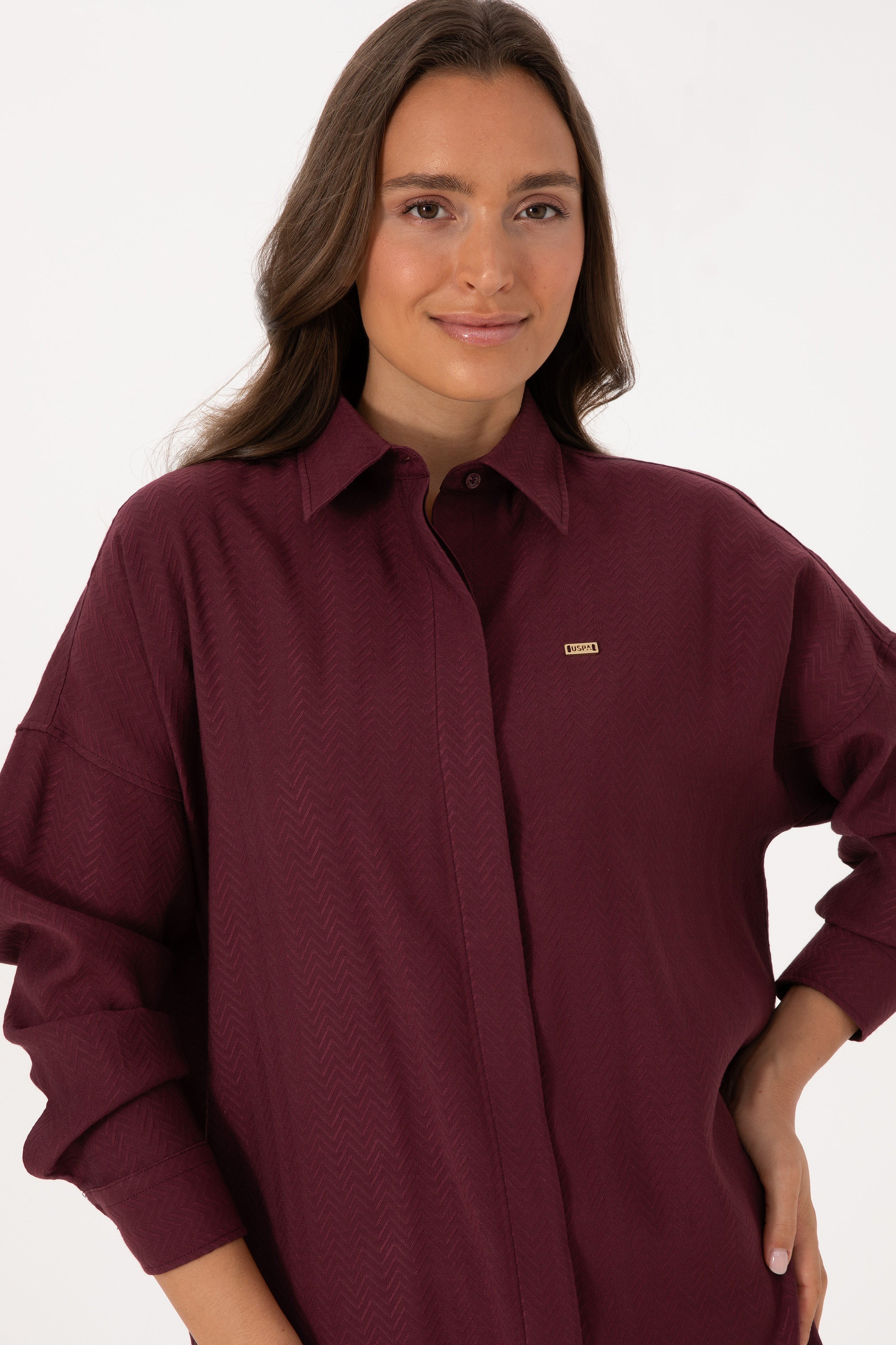 Kadın Bordo Uzun Kollu Oversize Desenli Gömlek