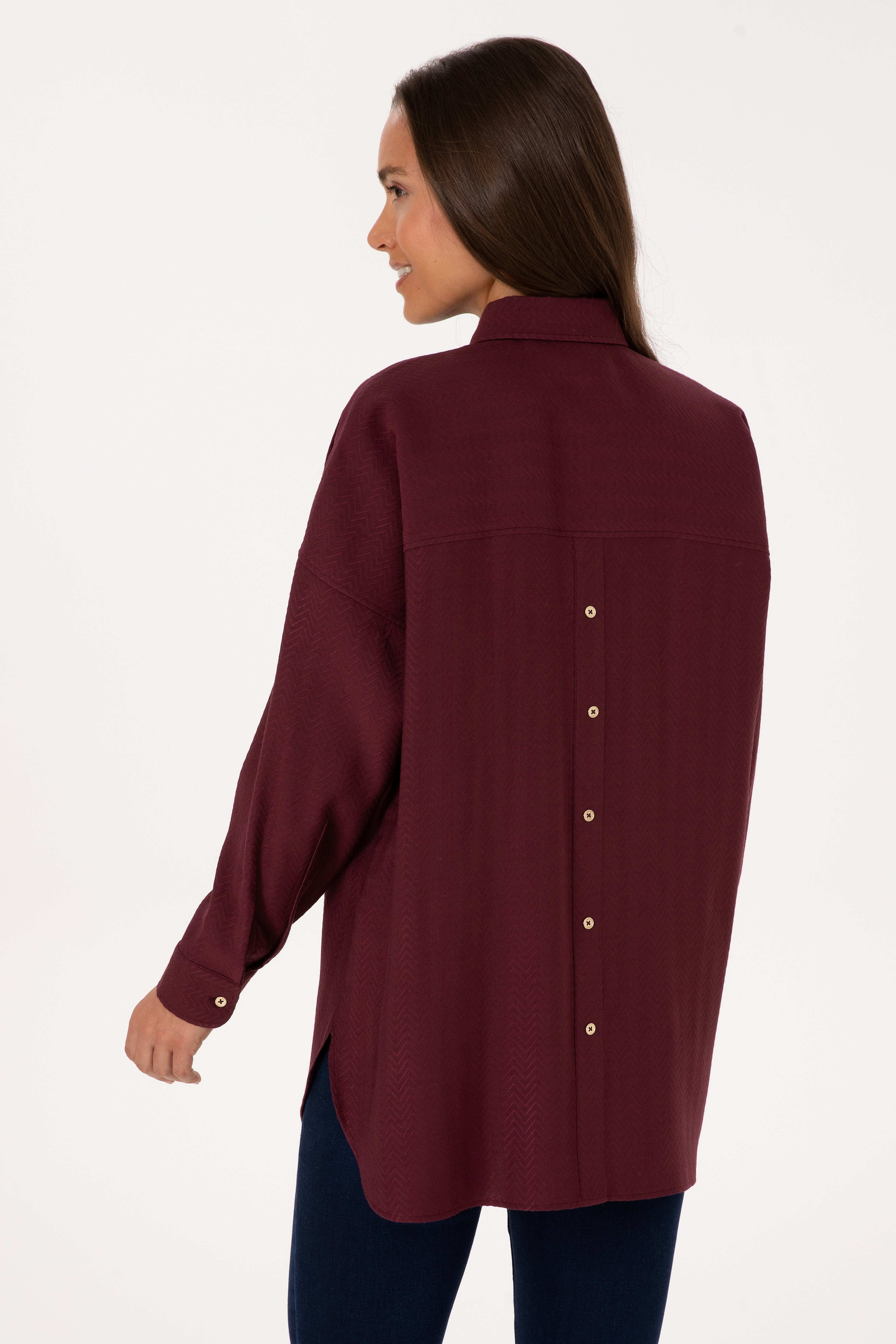 Kadın Bordo Uzun Kollu Oversize Desenli Gömlek