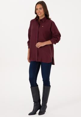 Kadın Bordo Uzun Kollu Oversize Desenli Gömlek - 50316422019