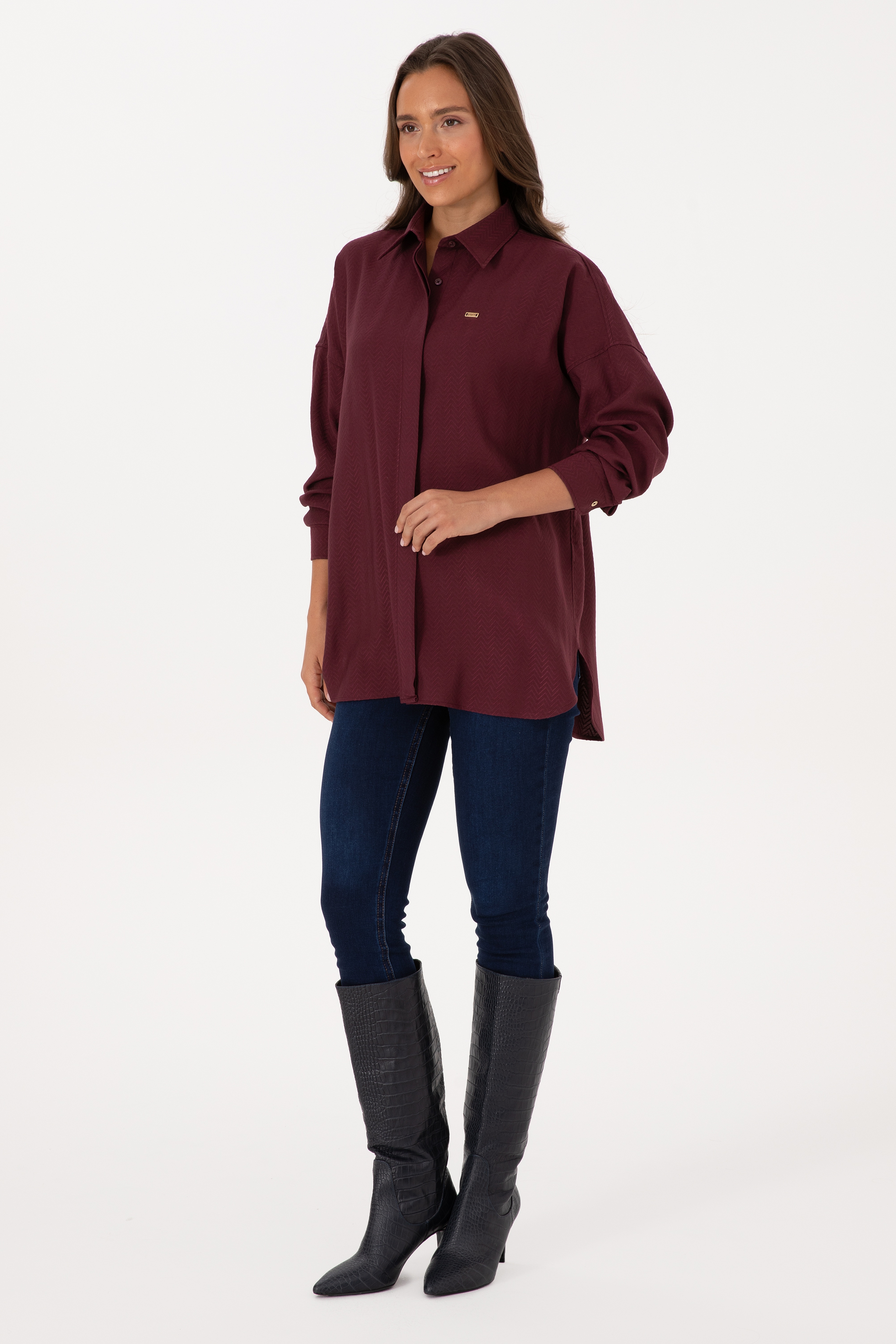 Kadın Bordo Uzun Kollu Oversize Desenli Gömlek