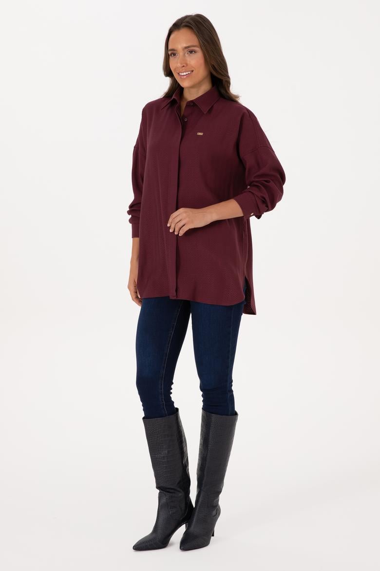 Kadın Bordo Uzun Kollu Oversize Desenli Gömlek - 50316422019
