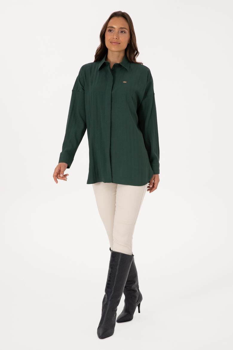 Kadın Koyu Yeşil Uzun Kollu Oversize Desenli Gömlek - 50316422012