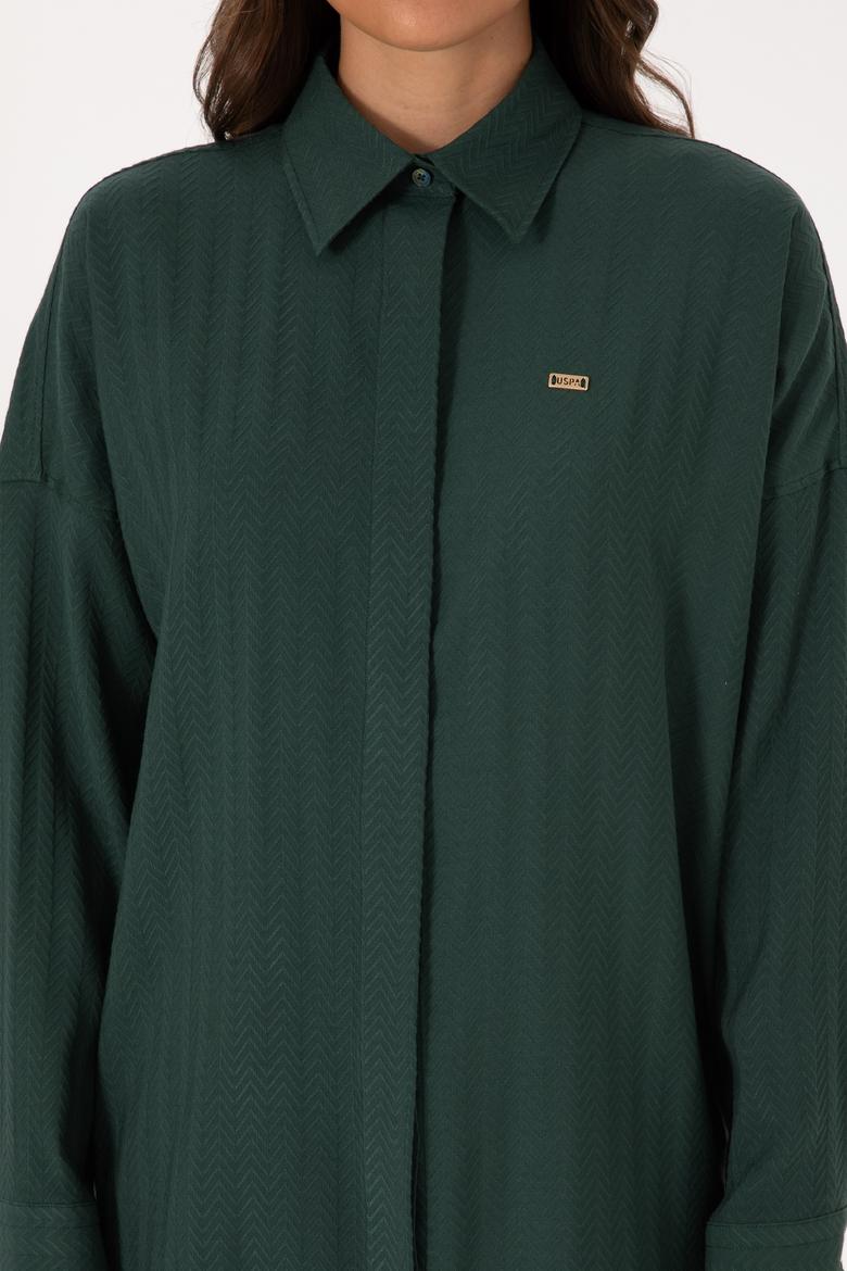 Kadın Koyu Yeşil Uzun Kollu Oversize Desenli Gömlek - 50316422012