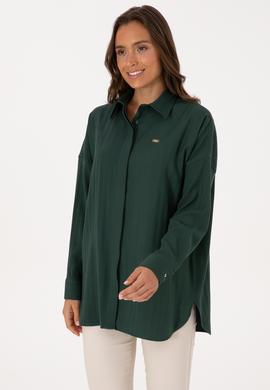 Kadın Koyu Yeşil Uzun Kollu Oversize Desenli Gömlek - 50316422012