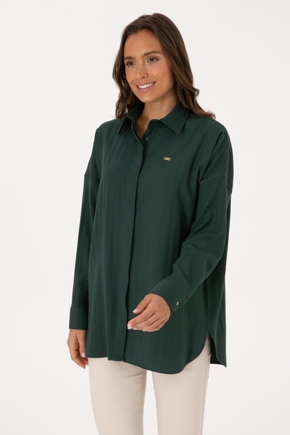 Kadın Koyu Yeşil Uzun Kollu Oversize Desenli Gömlek