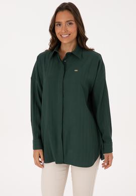 Kadın Koyu Yeşil Uzun Kollu Oversize Desenli Gömlek - 50316422012