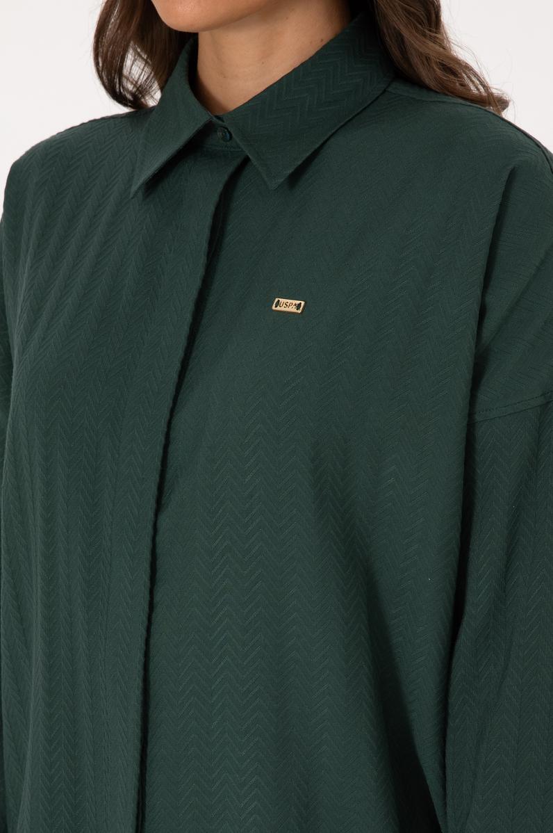 Kadın Koyu Yeşil Uzun Kollu Oversize Desenli Gömlek