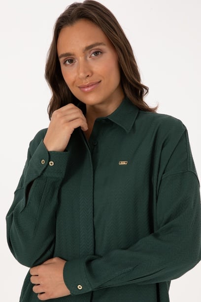 Kadın Koyu Yeşil Uzun Kollu Oversize Desenli Gömlek