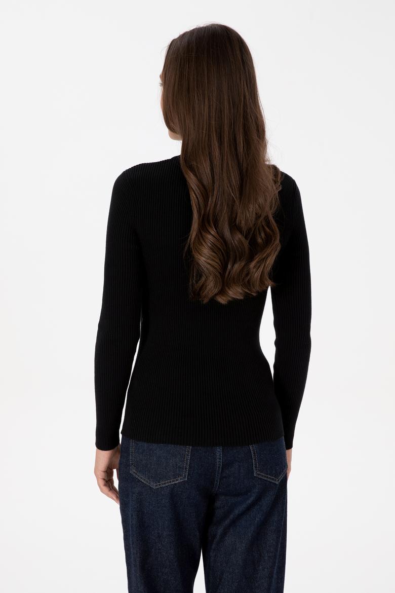 Kadın Siyah V Yaka Fermuarlı Kazak - 50316869019