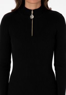 Kadın Siyah V Yaka Fermuarlı Kazak - 50316869019