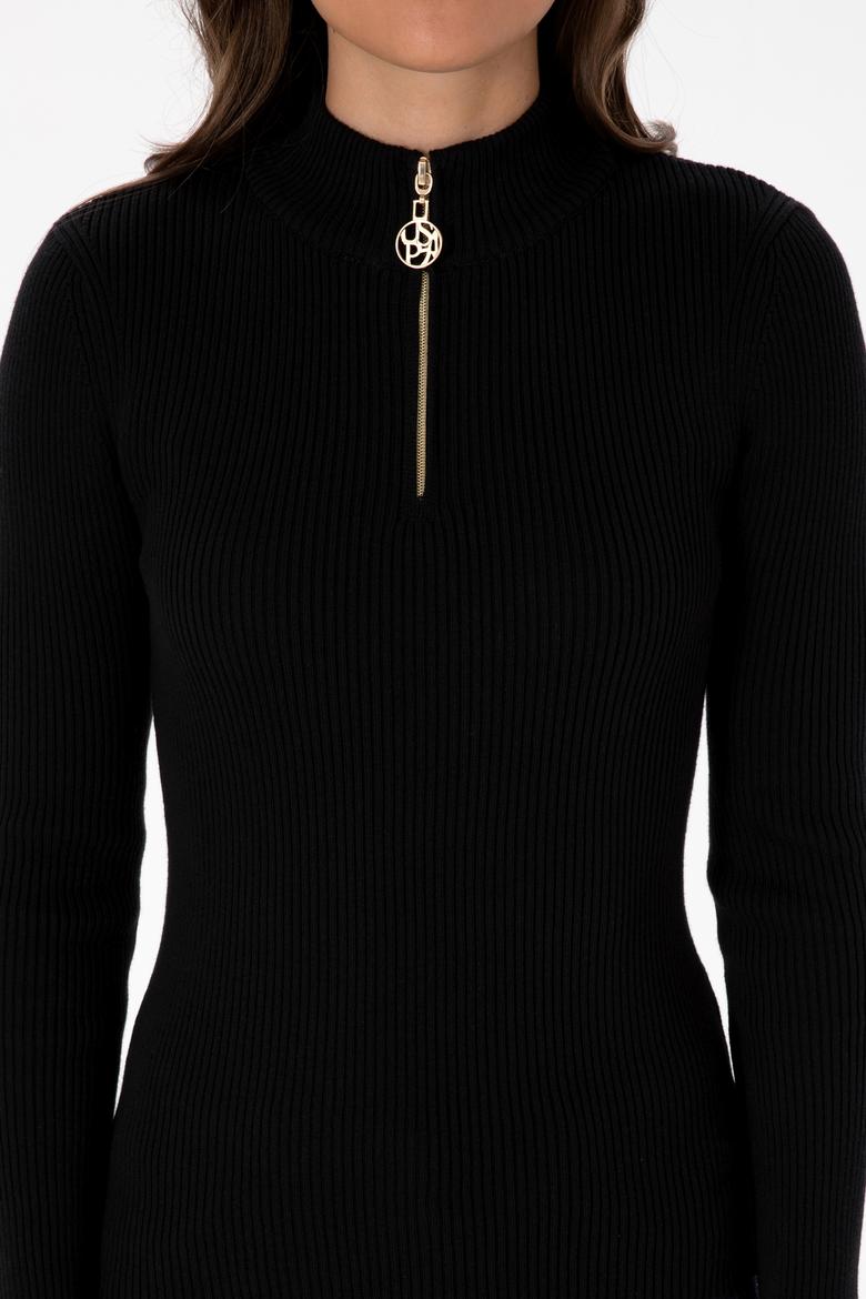 Kadın Siyah V Yaka Fermuarlı Kazak - 50316869019