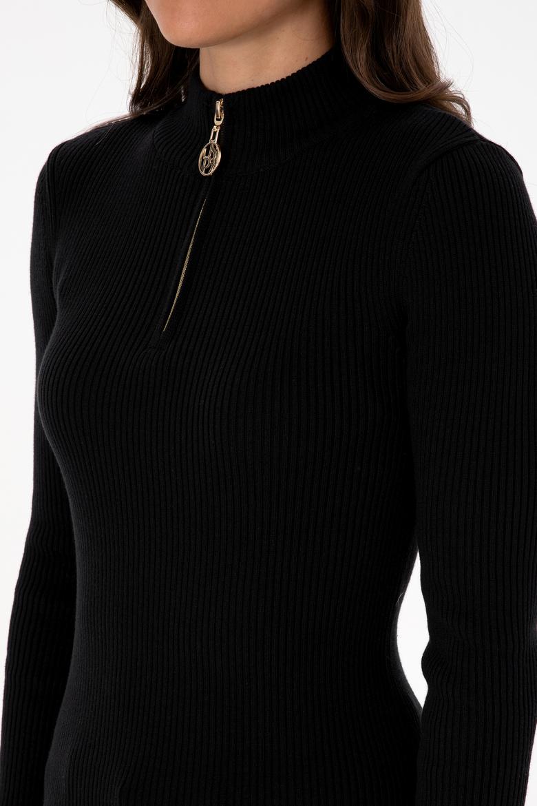 Kadın Siyah V Yaka Fermuarlı Kazak - 50316869019