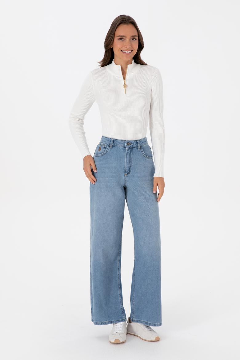 Kadın Ekru V Yaka Fermuarlı Kazak - 50316869012