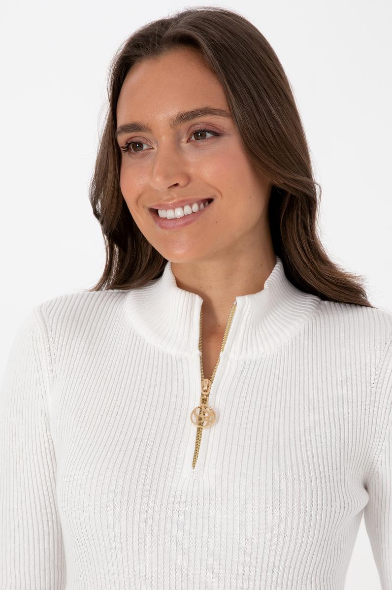 Kadın Ekru V Yaka Fermuarlı Kazak