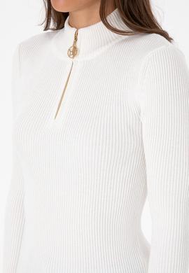 Kadın Ekru V Yaka Fermuarlı Kazak - 50316869012