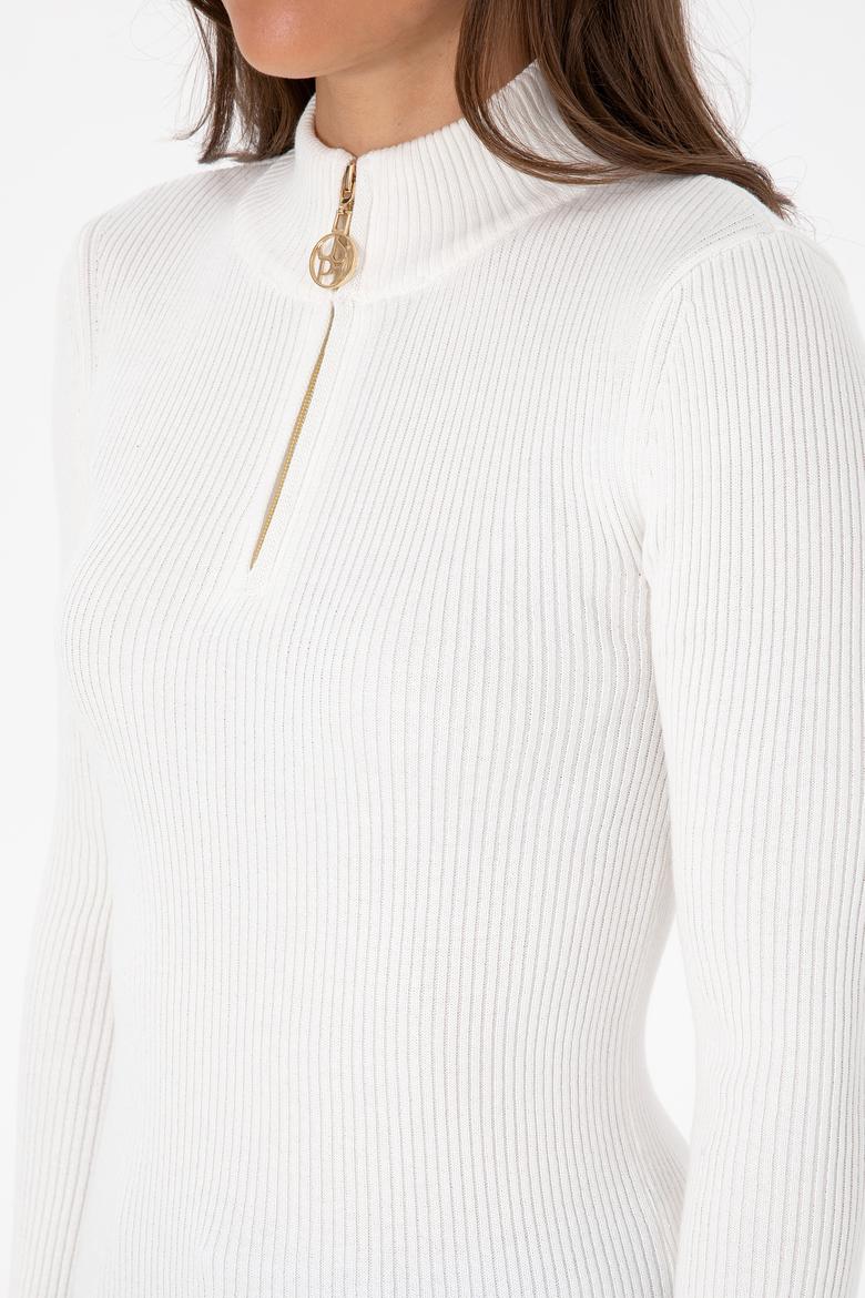 Kadın Ekru V Yaka Fermuarlı Kazak - 50316869012