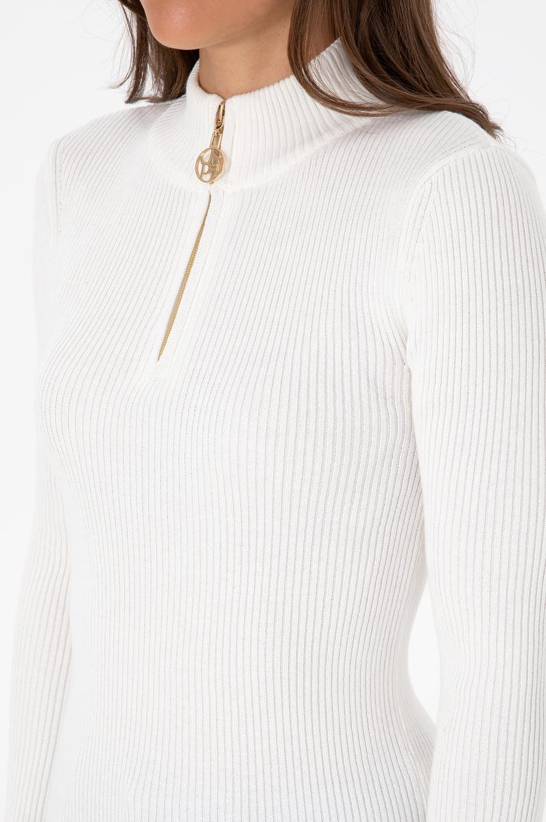 Kadın Ekru V Yaka Fermuarlı Kazak