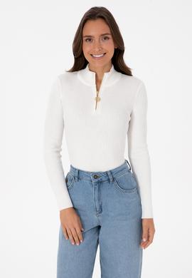 Kadın Ekru V Yaka Fermuarlı Kazak - 50316869012