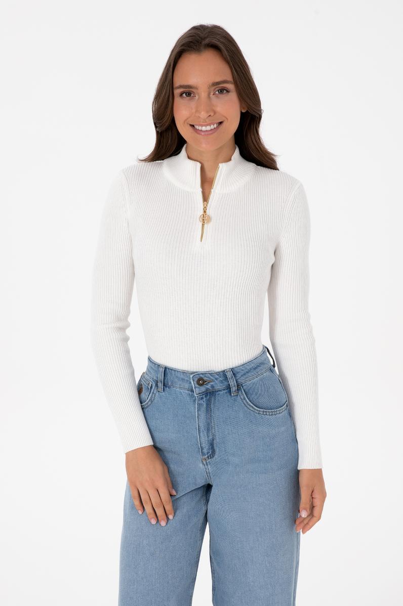 Kadın Ekru V Yaka Fermuarlı Kazak