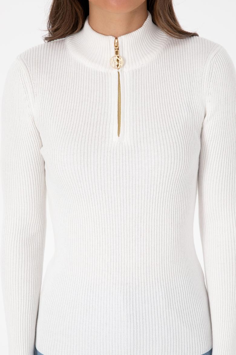 Kadın Ekru V Yaka Fermuarlı Kazak - 50316869012