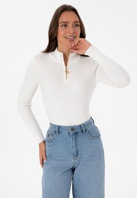 Kadın Ekru V Yaka Fermuarlı Kazak - 50316869012