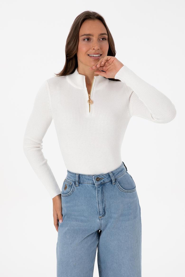 Kadın Ekru V Yaka Fermuarlı Kazak - 50316869012