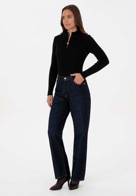 Kadın Siyah V Yaka Fermuarlı Kazak - 50316869019