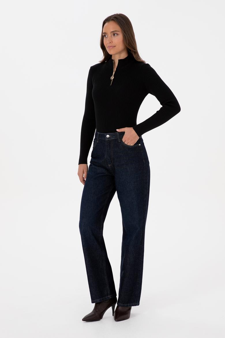 Kadın Siyah V Yaka Fermuarlı Kazak - 50316869019