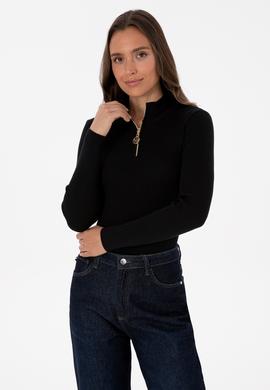 Kadın Siyah V Yaka Fermuarlı Kazak - 50316869019