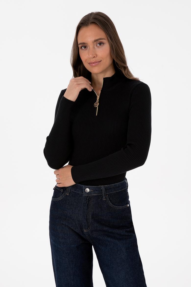 Kadın Siyah V Yaka Fermuarlı Kazak