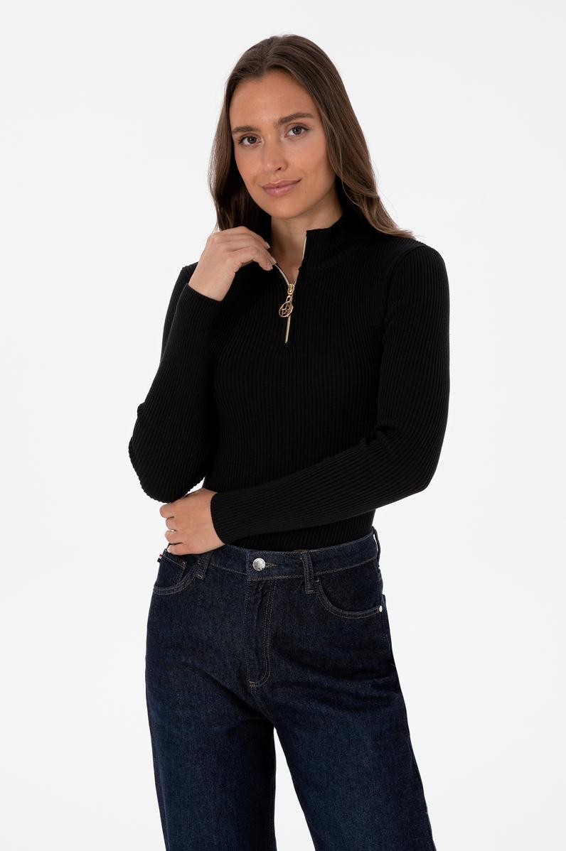 Kadın Siyah V Yaka Fermuarlı Kazak