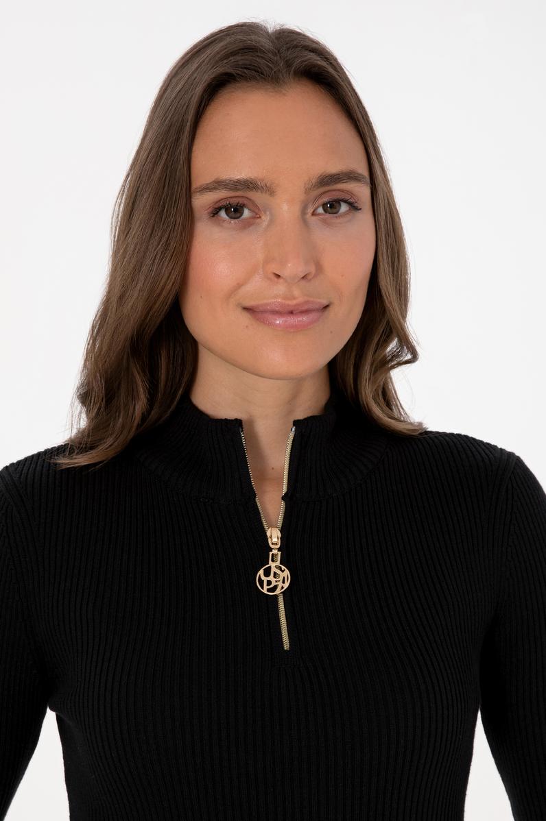 Kadın Siyah V Yaka Fermuarlı Kazak