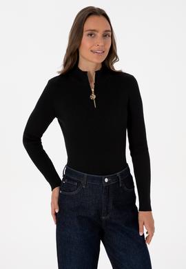 Kadın Siyah V Yaka Fermuarlı Kazak - 50316869019