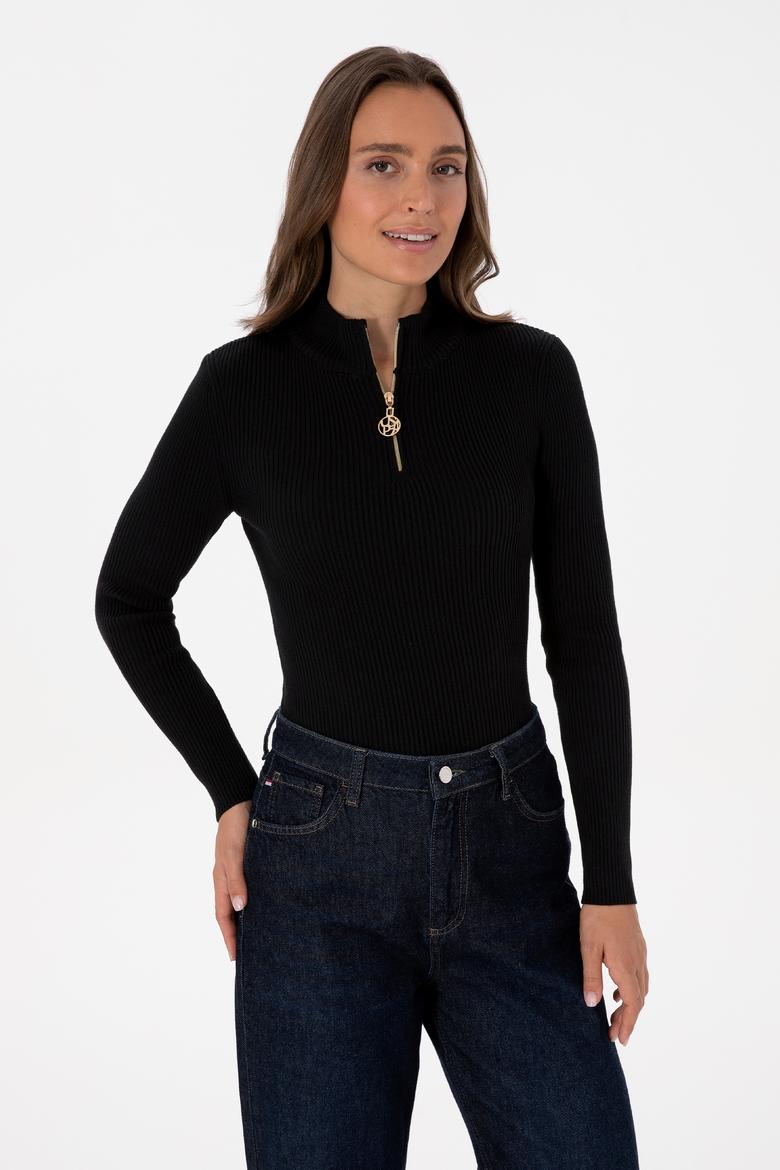 Kadın Siyah V Yaka Fermuarlı Kazak - 50316869019