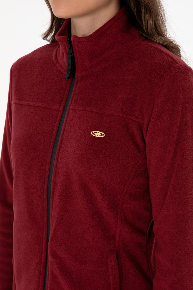Kadın Bordo Fermuarlı Dik Yaka Polar Sweatshirt - 50316729072